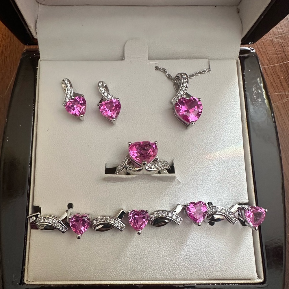 Elegant Pink Sapphire Heart Lab Created Cubic Zirconium Jewelry Set